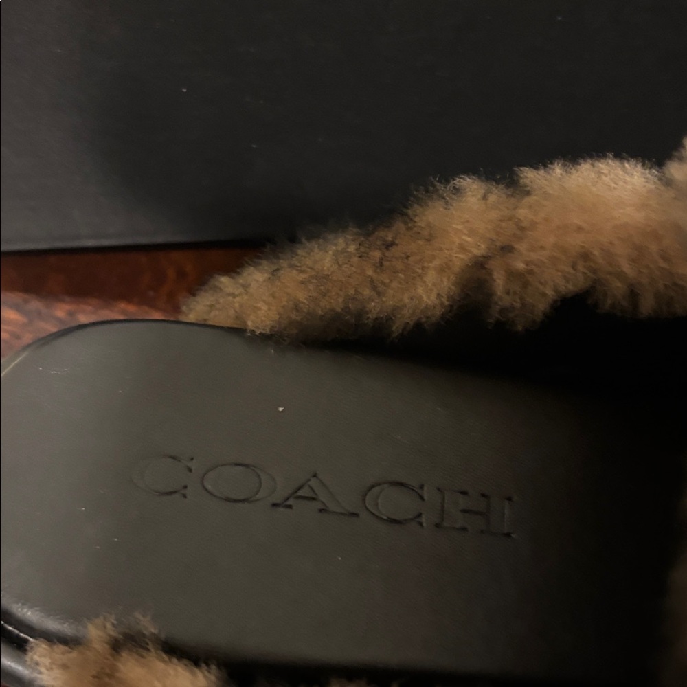 Coach Brown and Black Logo Fuzzy Slip-On Mules - Picture 3 of 7